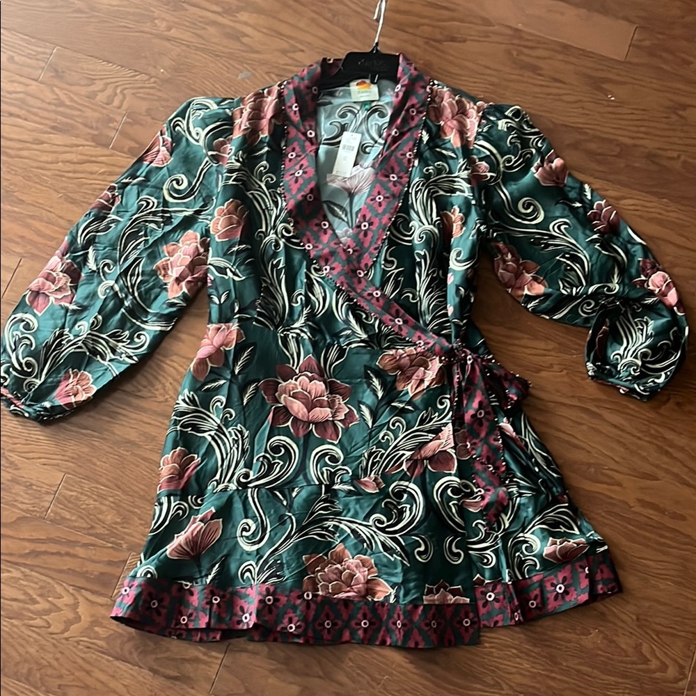 Farm Rio XL Floral Wrap Dress in Green and Pink